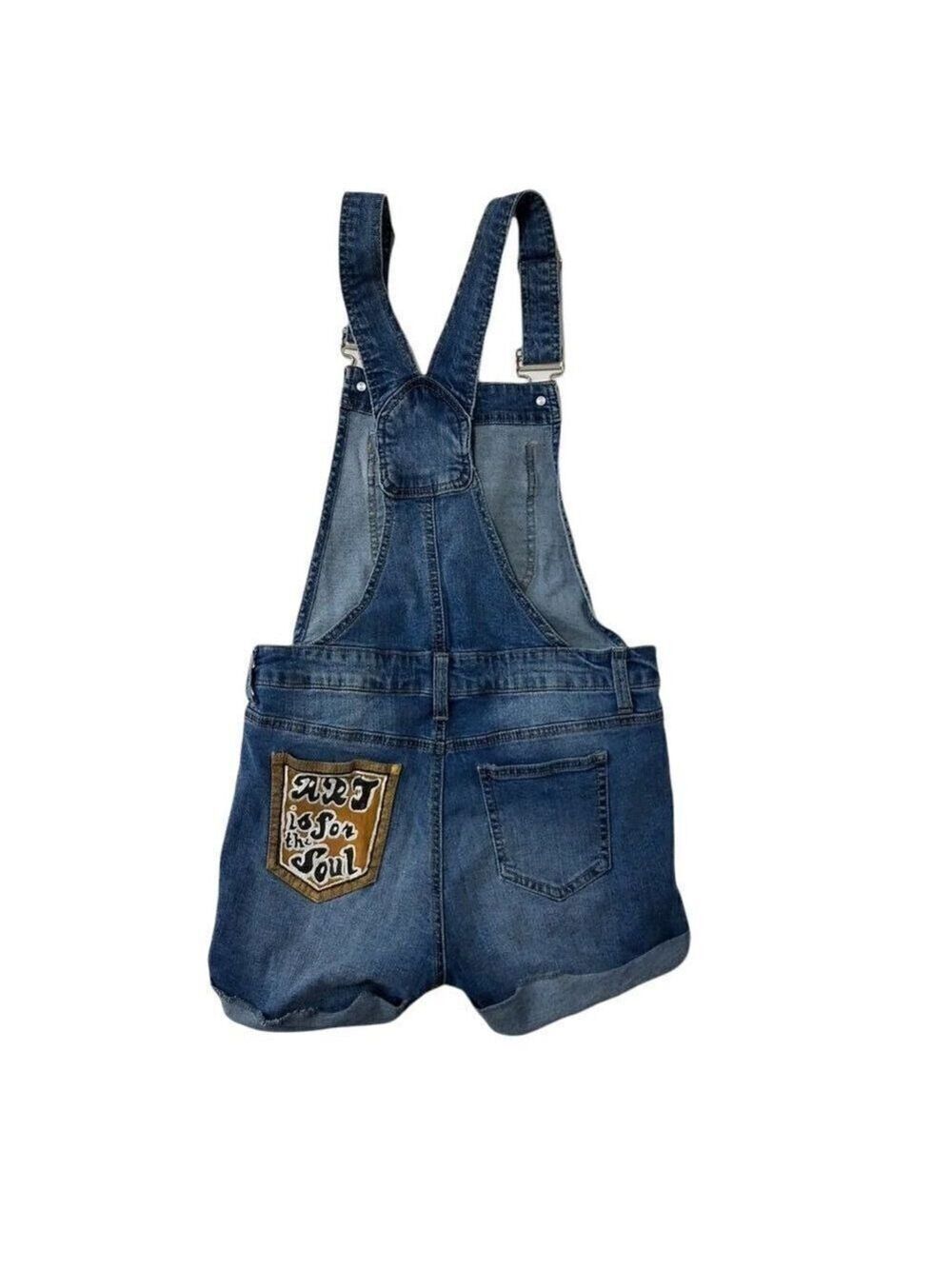 Distressed Denim Bib Overalls Paint Splatter Blue Spice Shortalls Juniors Size 5 - Picture 2 of 7